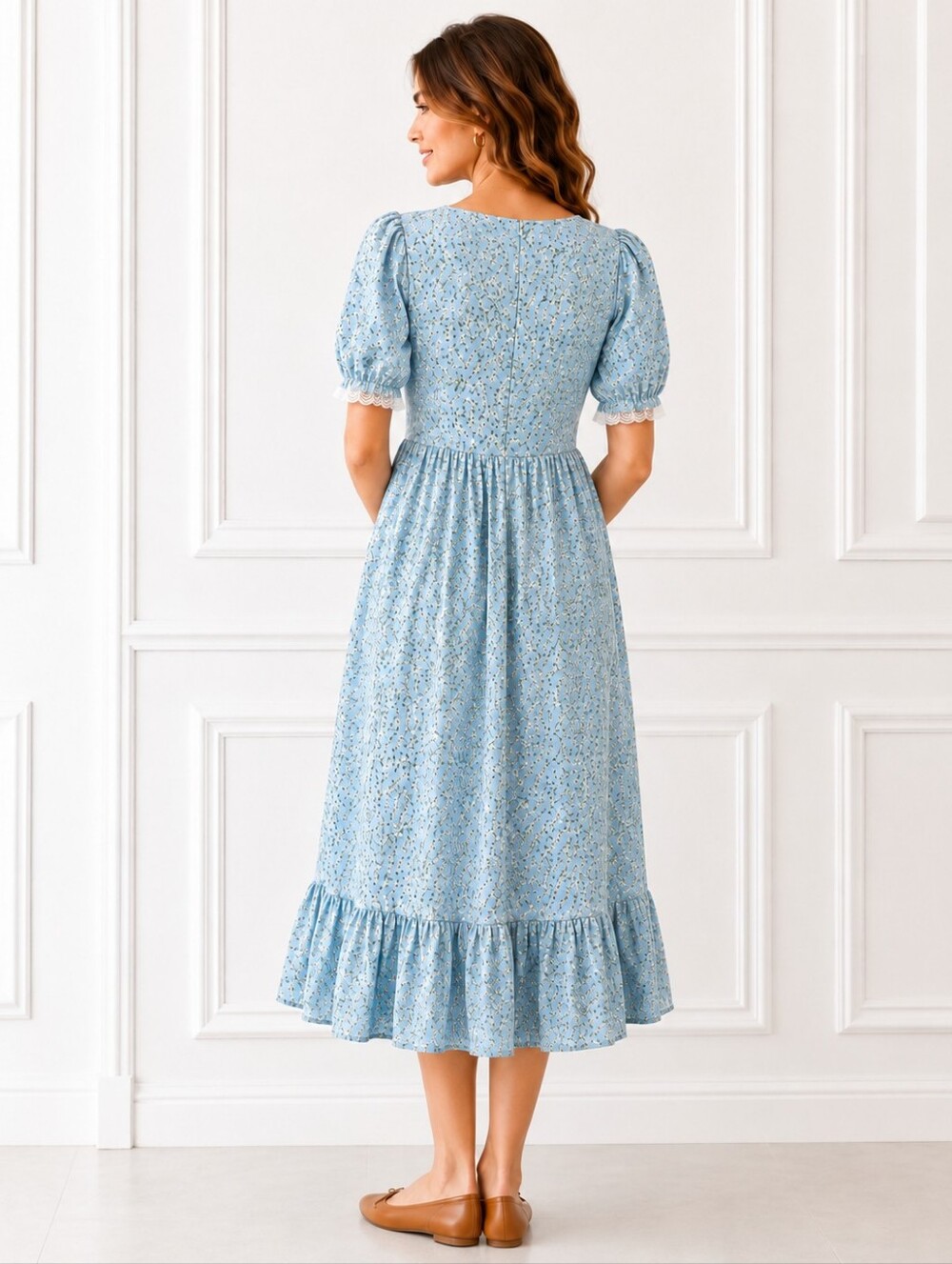 Blue Floral Cottagecore Midi Dress Size XL Puff Sleeve Square Neck Romantic - Picture 2 of 9